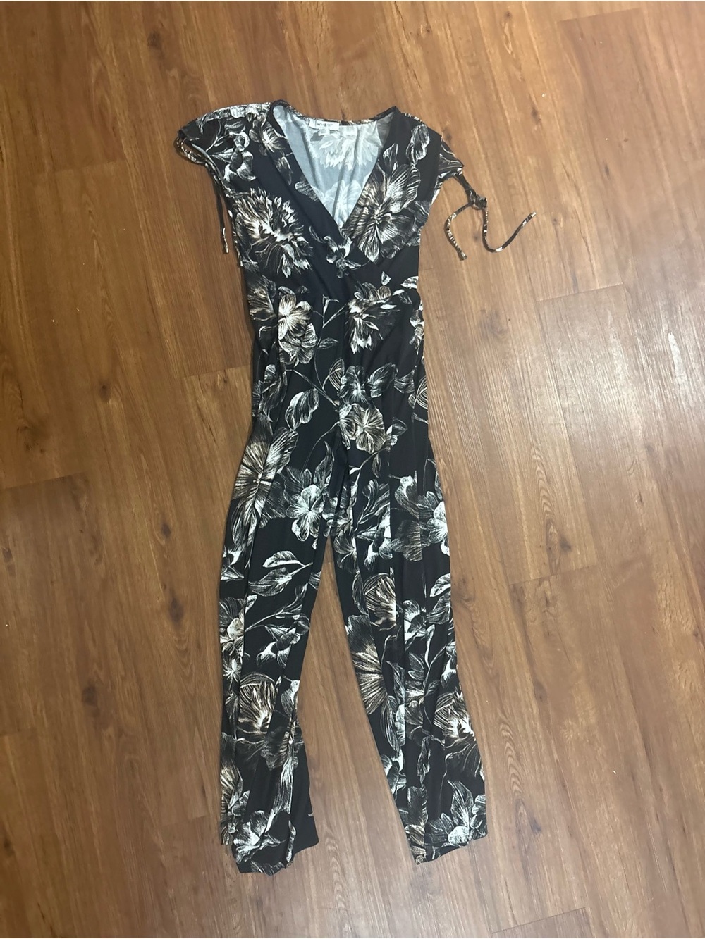 White House Black Market Black and Cream Floral Wrap Jumpsuit